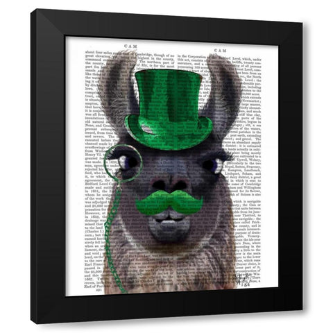 Llama With Green Top Hat and Moustache Black Modern Wood Framed Art Print by Fab Funky