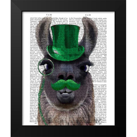 Llama With Green Top Hat and Moustache Black Modern Wood Framed Art Print by Fab Funky