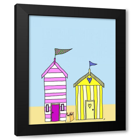 Beach Huts 3 Black Modern Wood Framed Art Print by Fab Funky