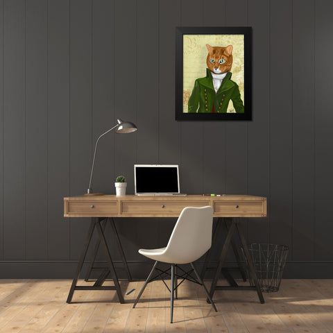 Ginger Cat in Green Coat Black Modern Wood Framed Art Print by Fab Funky