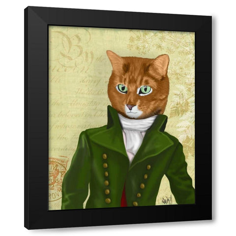 Ginger Cat in Green Coat Black Modern Wood Framed Art Print with Double Matting by Fab Funky