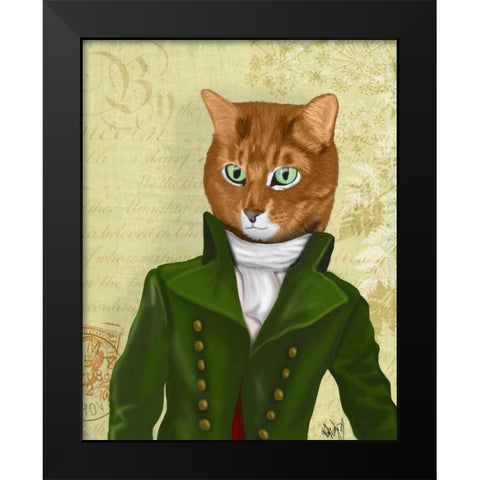 Ginger Cat in Green Coat Black Modern Wood Framed Art Print by Fab Funky