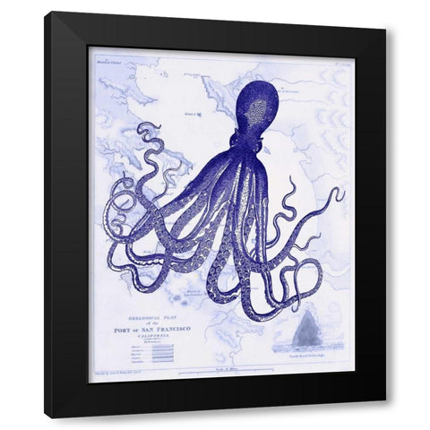 Blue Octopus 1 on Nautical Map Black Modern Wood Framed Art Print by Fab Funky