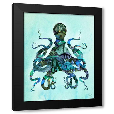 Blue Fishy Octopus Black Modern Wood Framed Art Print by Fab Funky