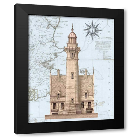 Lighthouse and House on Nautical Map Black Modern Wood Framed Art Print with Double Matting by Fab Funky