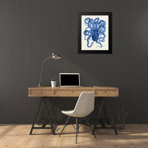 Blue Octopus on Cream a Black Modern Wood Framed Art Print by Fab Funky