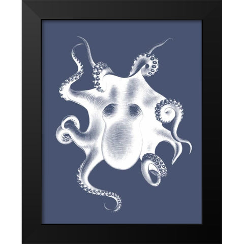 White Octopus on Indigo Blue d Black Modern Wood Framed Art Print by Fab Funky