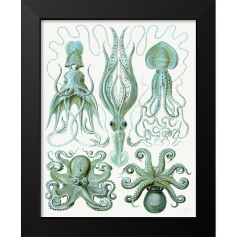 Turquoise Octopus and Squid b Black Modern Wood Framed Art Print by Fab Funky