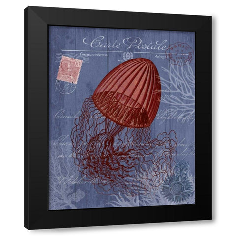 Seaside Postcard Red on Blue e Black Modern Wood Framed Art Print by Fab Funky