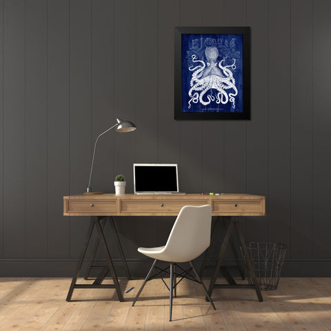 Octopus Prohibition Octopus On Blue Black Modern Wood Framed Art Print by Fab Funky