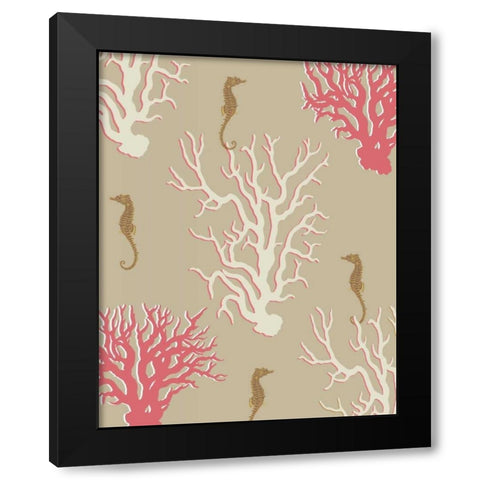 Coral and Seahorse in Beige Black Modern Wood Framed Art Print with Double Matting by Fab Funky