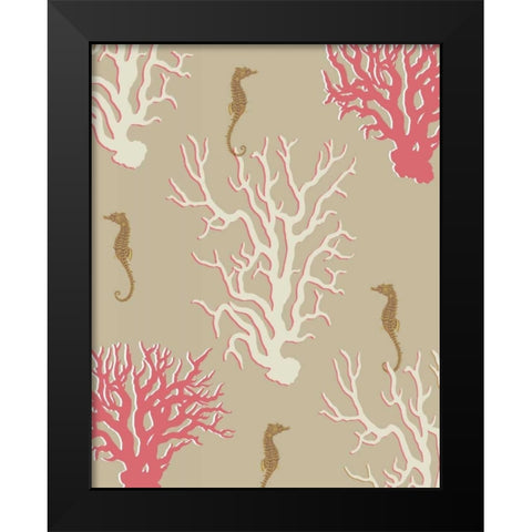 Coral and Seahorse in Beige Black Modern Wood Framed Art Print by Fab Funky