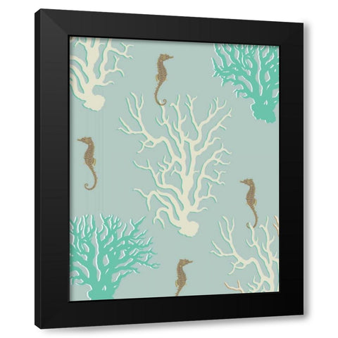 Coral and Seahorse in Seafoam Black Modern Wood Framed Art Print with Double Matting by Fab Funky