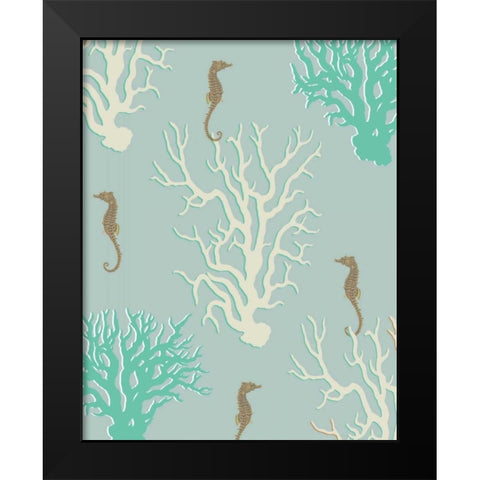 Coral and Seahorse in Seafoam Black Modern Wood Framed Art Print by Fab Funky