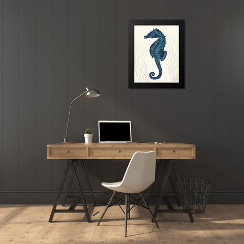 Blue Seahorses on Cream b Black Modern Wood Framed Art Print by Fab Funky