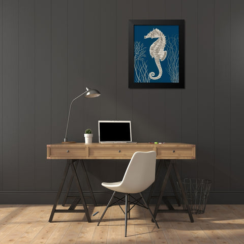 Silver Grey Seahorses on Blueb Black Modern Wood Framed Art Print by Fab Funky