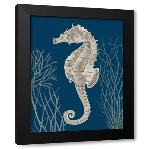Silver Grey Seahorses on Blueb Black Modern Wood Framed Art Print by Fab Funky