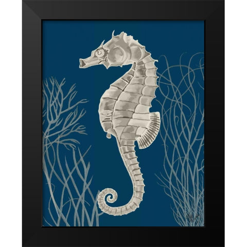 Silver Grey Seahorses on Blueb Black Modern Wood Framed Art Print by Fab Funky