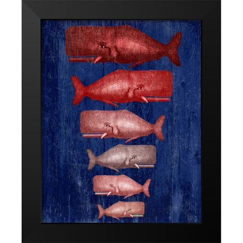 Whale Family Red On Blue Black Modern Wood Framed Art Print by Fab Funky