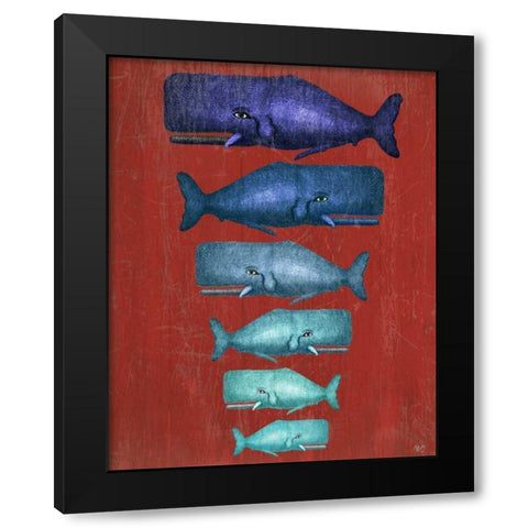 Whale Family Blue on Red Black Modern Wood Framed Art Print with Double Matting by Fab Funky