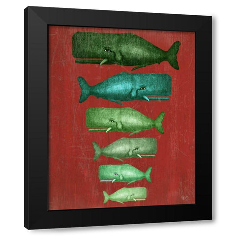 Whale Family Green on Red Black Modern Wood Framed Art Print with Double Matting by Fab Funky