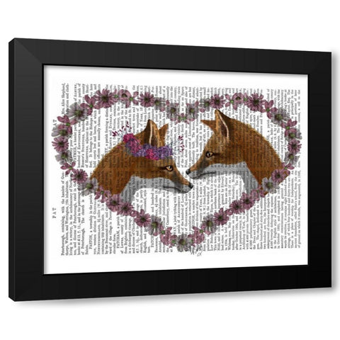 Foxes in Flowers Black Modern Wood Framed Art Print with Double Matting by Fab Funky
