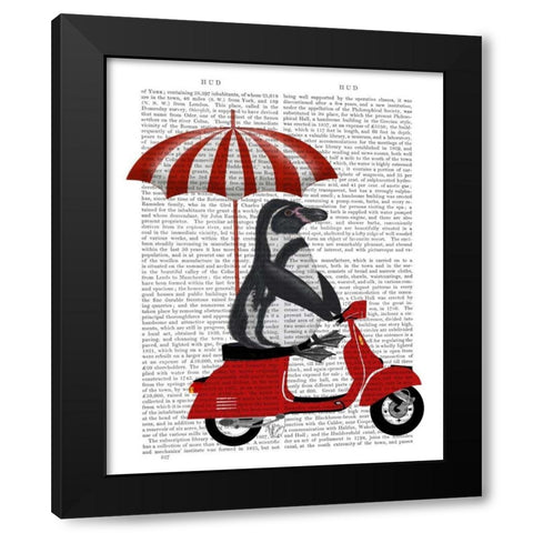 Penguin On Red Moped Black Modern Wood Framed Art Print with Double Matting by Fab Funky