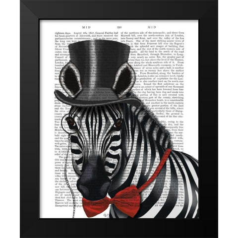 Zebra with Top Hat and Bow Tie 1, Sideways Black Modern Wood Framed Art Print by Fab Funky
