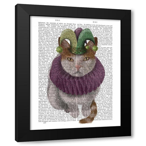 Cat, White with Jester Hat Black Modern Wood Framed Art Print with Double Matting by Fab Funky