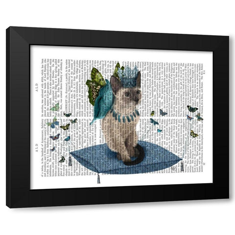 Cat on Pillow with Butterflies Black Modern Wood Framed Art Print with Double Matting by Fab Funky