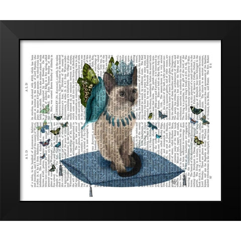 Cat on Pillow with Butterflies Black Modern Wood Framed Art Print by Fab Funky