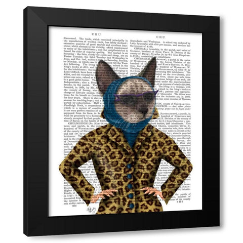 Cat with Leopard Jacket Black Modern Wood Framed Art Print by Fab Funky