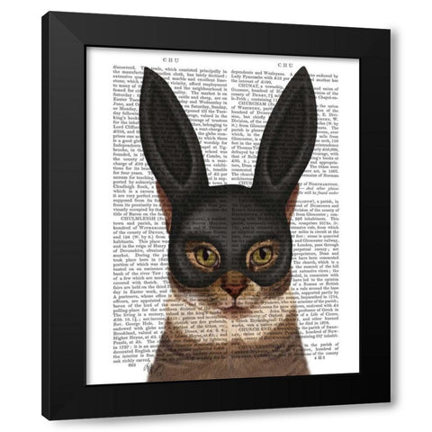 Cat with Bunny Mask Black Modern Wood Framed Art Print with Double Matting by Fab Funky
