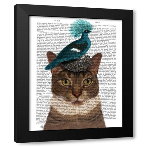 Cat with Nest and Blue Bird Black Modern Wood Framed Art Print by Fab Funky