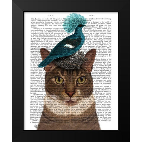 Cat with Nest and Blue Bird Black Modern Wood Framed Art Print by Fab Funky