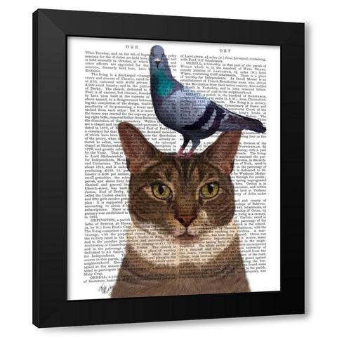 Cat with Pigeon on Head Black Modern Wood Framed Art Print with Double Matting by Fab Funky