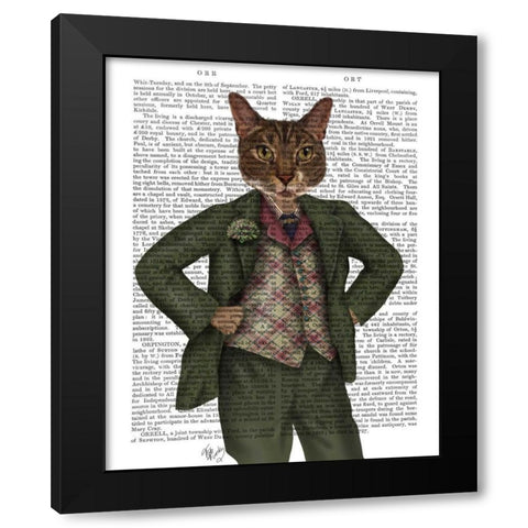 Cat in Tartan Waistcoat Black Modern Wood Framed Art Print with Double Matting by Fab Funky
