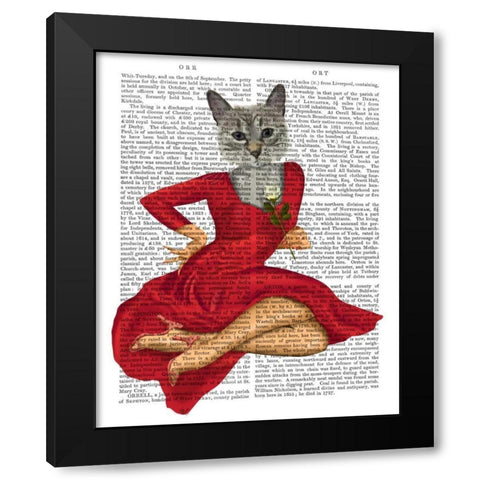 Grey Cat with White Rose Black Modern Wood Framed Art Print with Double Matting by Fab Funky