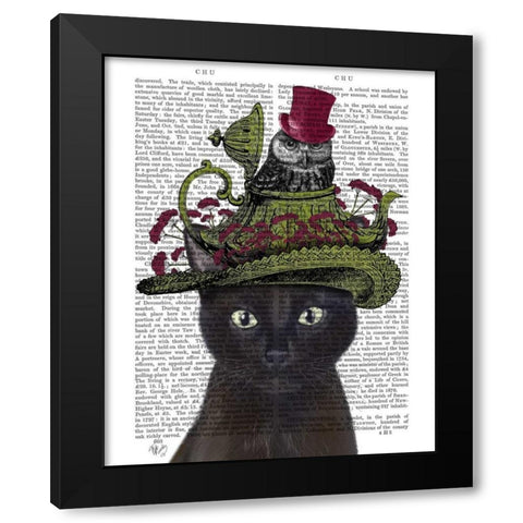Black Cat with Teapot and Owl Black Modern Wood Framed Art Print with Double Matting by Fab Funky