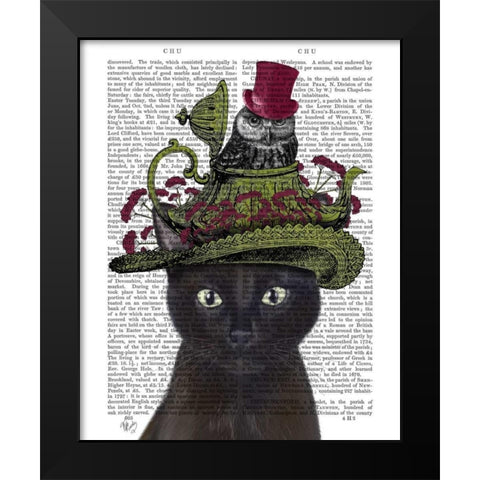Black Cat with Teapot and Owl Black Modern Wood Framed Art Print by Fab Funky