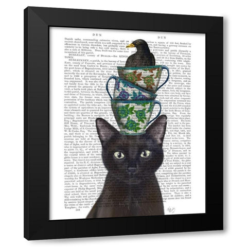 Black Cat with Teacups and Blackbird Black Modern Wood Framed Art Print by Fab Funky