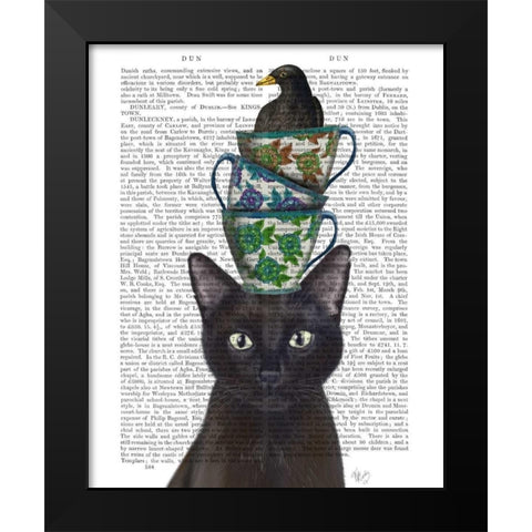 Black Cat with Teacups and Blackbird Black Modern Wood Framed Art Print by Fab Funky