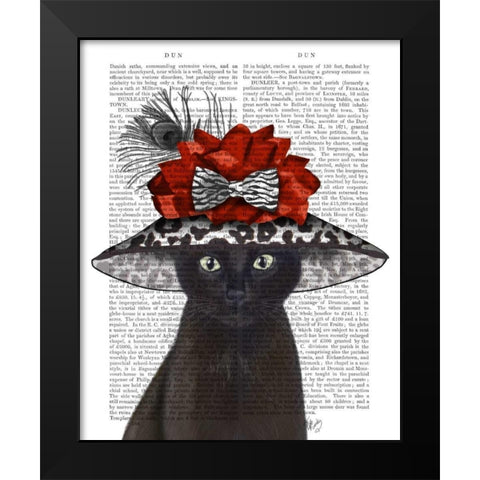 Cat, Black with Fabulous Hat Black Modern Wood Framed Art Print by Fab Funky