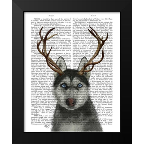 Husky and Antlers Black Modern Wood Framed Art Print by Fab Funky