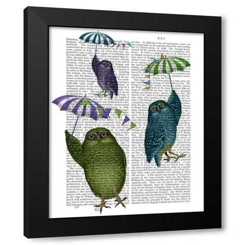 Owls with Umbrellas Black Modern Wood Framed Art Print with Double Matting by Fab Funky