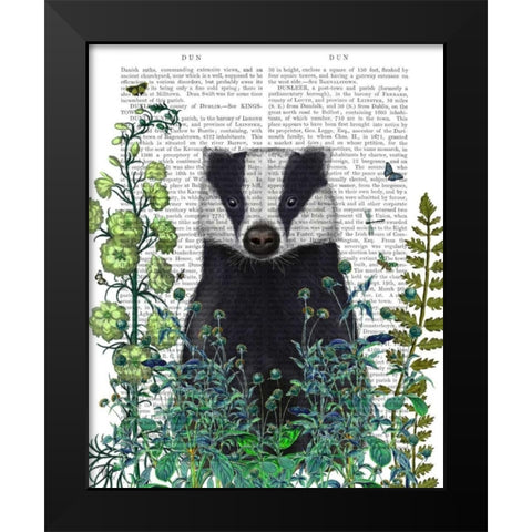 Badger In The Garden Black Modern Wood Framed Art Print by Fab Funky