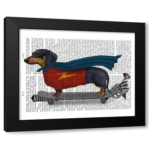 Dachshund On Skateboard Black Modern Wood Framed Art Print with Double Matting by Fab Funky