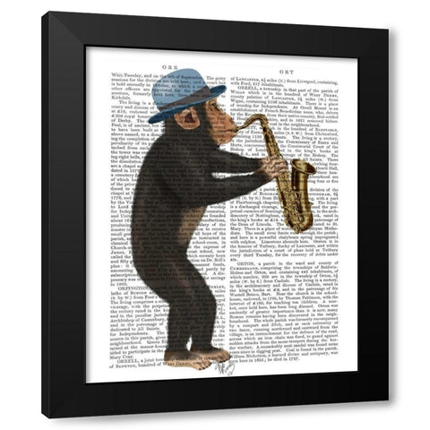 Monkey Playing Saxophone Black Modern Wood Framed Art Print by Fab Funky