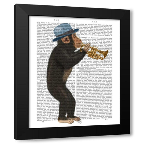 Monkey Playing Trumpet with Blue Hat Black Modern Wood Framed Art Print by Fab Funky