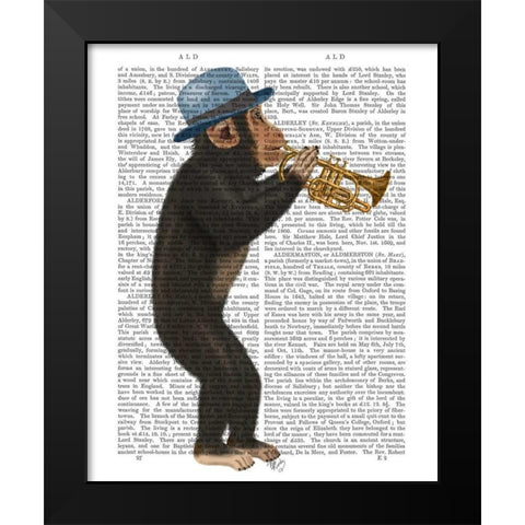 Monkey Playing Trumpet with Blue Hat Black Modern Wood Framed Art Print by Fab Funky